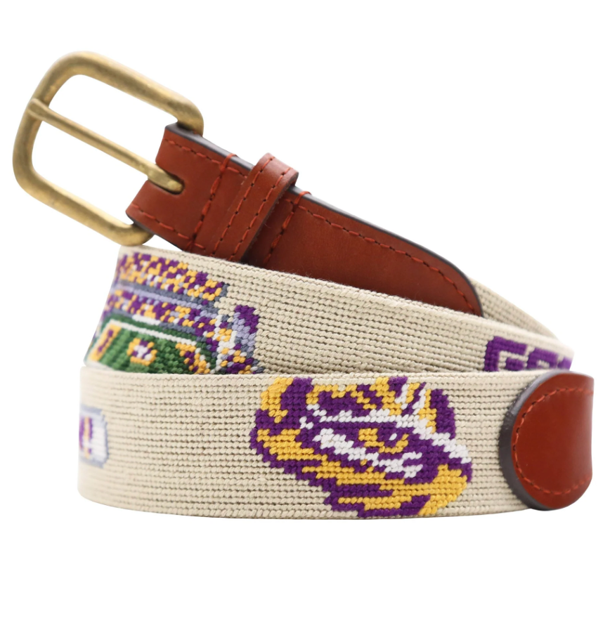 LSU Tigers “Geaux Tigers” Needlepoint Belt – Khaki Game Day Leather Belt